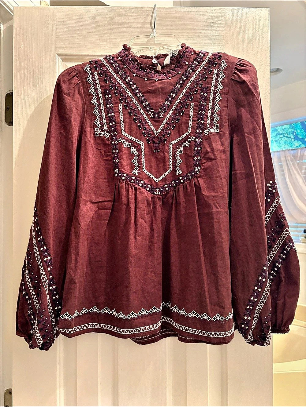 Zara Embroidered Statement Sleeve Blouse Brown